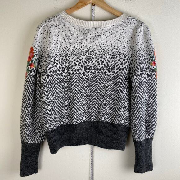 By Anthropologie Karolina Sweater Size LP Ivory Gray Floral Wool Jacquard Petite - Picture 12 of 16